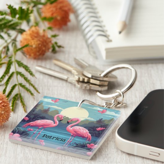 Cute Pink Flamingo Sleutelhanger (Voorkant Rechts)
