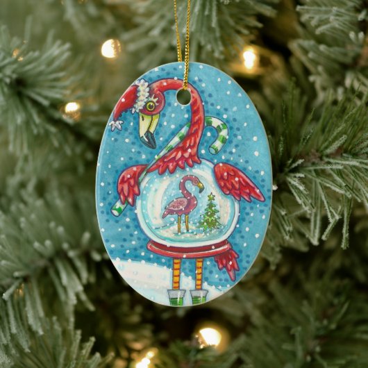 CUTE PINK FLAMINGO SNOWGLOBE, CHRISTMAS BIRD SANTA KERAMISCH ORNAMENT (Boom)