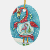 CUTE PINK FLAMINGO SNOWGLOBE, CHRISTMAS BIRD SANTA KERAMISCH ORNAMENT (Voorkant)