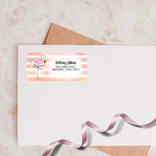 Cute Pink Flamingo Stripes Return Address Etiket