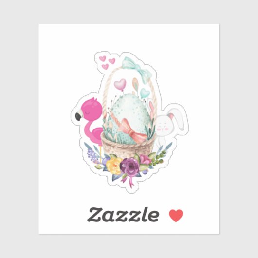 Cute Pink Flamingo White Bunny and Egg Sticker (Vel)