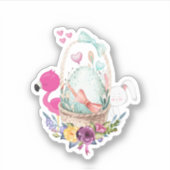 Cute Pink Flamingo White Bunny and Egg Sticker (Voorkant)