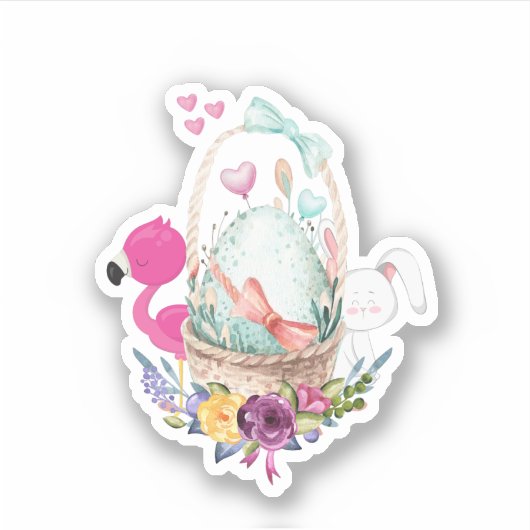 Cute Pink Flamingo White Bunny and Egg Sticker (Voorkant)