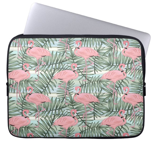Cute Pink Flamingoes Palm Leafs Art Pattern Laptop Sleeve (Voorkant)
