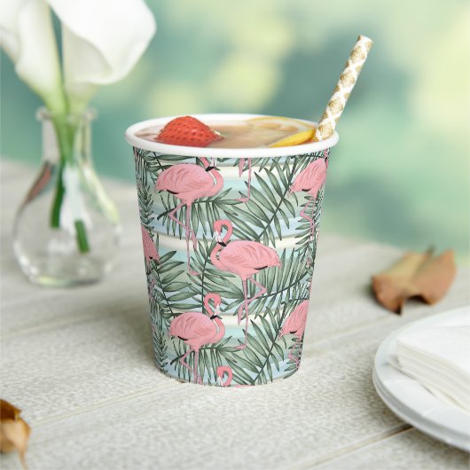 Cute Pink Flamingoes Palm Leafs Art Pattern Papieren Bekers (Insitu)