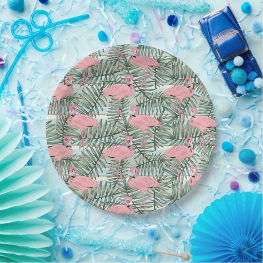 Cute Pink Flamingoes Palm Leafs Art Pattern Papieren Bordje (Feest)