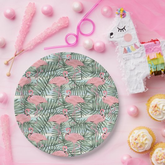 Cute Pink Flamingoes Palm Leafs Art Pattern Papieren Bordje (Feest)