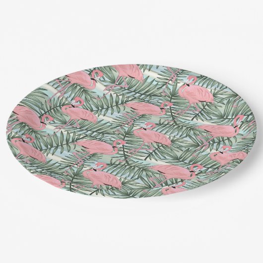 Cute Pink Flamingoes Palm Leafs Art Pattern Papieren Bordje (Gekanteld)