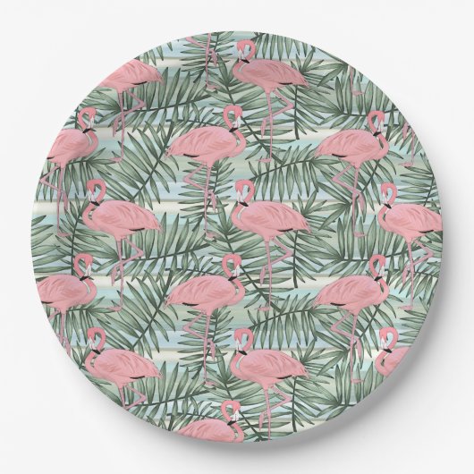 Cute Pink Flamingoes Palm Leafs Art Pattern Papieren Bordje (Voorkant)