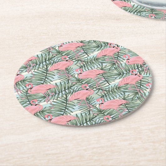 Cute Pink Flamingoes Palm Leafs Art Pattern Ronde Kartonnen Onderzetter (Gebogen)