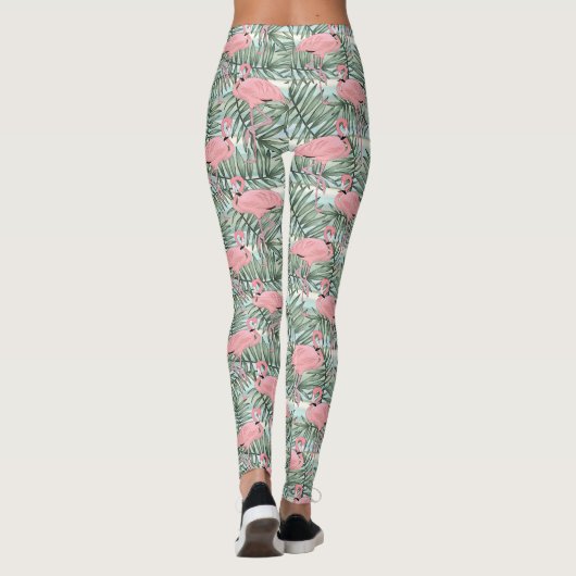 Cute Pink Flamingoes Palm Leafs Pattern Leggings (Achterkant)
