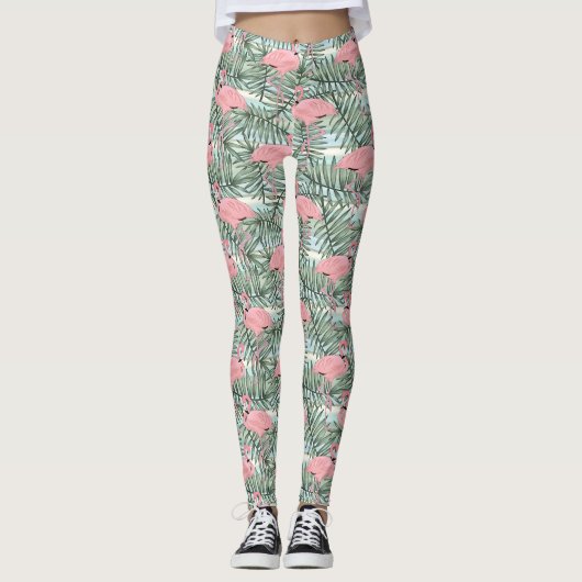 Cute Pink Flamingoes Palm Leafs Pattern Leggings (Voorkant)
