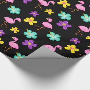 Cute Pink Flamingos en Flowers Black Cadeaupapier