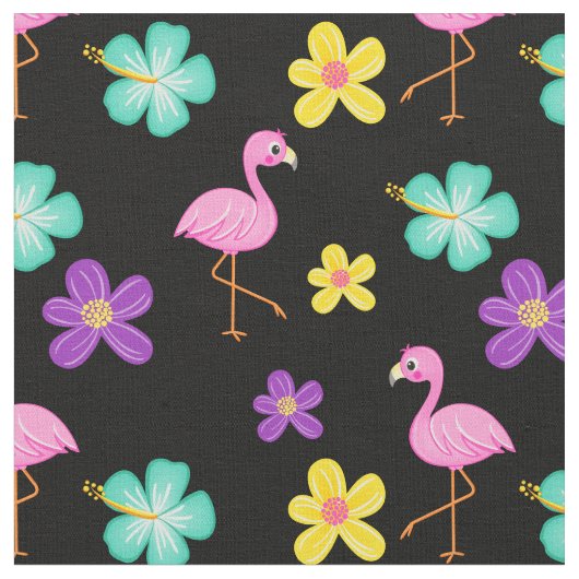 Cute Pink Flamingos en Flowers Black Stof (Close Up)