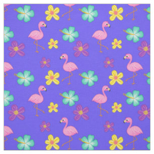 Cute Pink Flamingos en Flowers Blue Stof