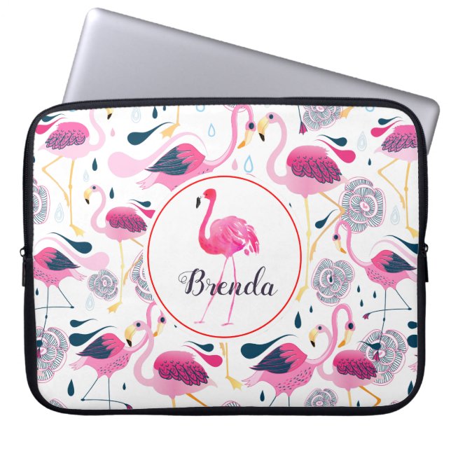 Cute Pink Flamingos Pattern Monogram Laptop Sleeve (Voorkant)