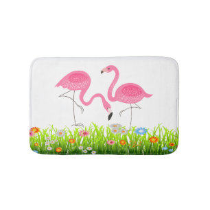 Cute Pink Flamingos & Spring Flowers Badmat