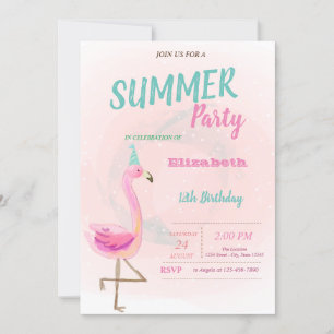 Cute Pink Flamingos Summer Birthday Party Kaart