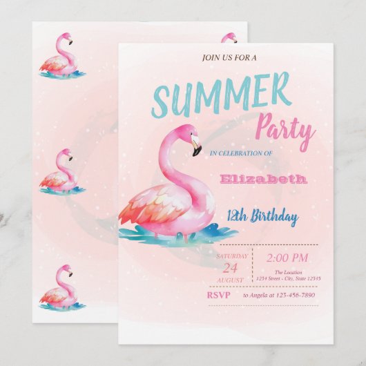 Cute Pink Flamingos Summer Birthday Party Kaart (Voorkant / Achterkant)