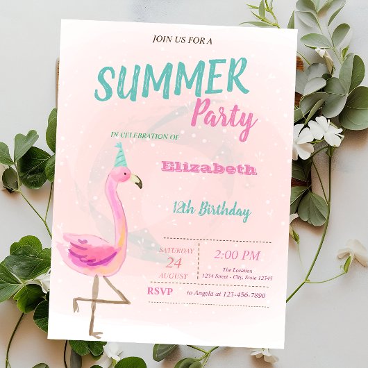 Cute Pink Flamingos Summer Birthday Party Kaart
