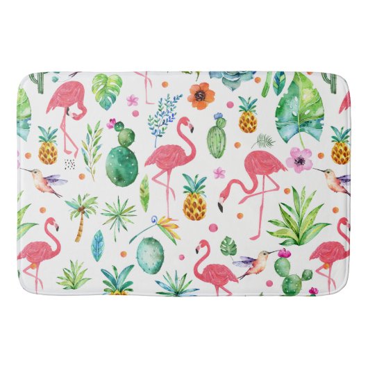 Cute Pink Flamingos & Tropical Flowers Patroon Badmat (Voorkant)
