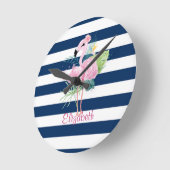 Cute Pink FlamingosTropical Leaf,Striped Ronde Klok (Hoek)