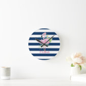 Cute Pink FlamingosTropical Leaf,Striped Ronde Klok (Huis)