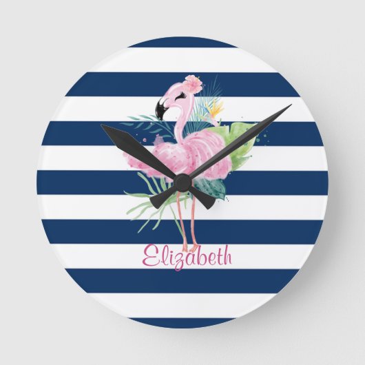 Cute Pink FlamingosTropical Leaf,Striped Ronde Klok (Voorkant)