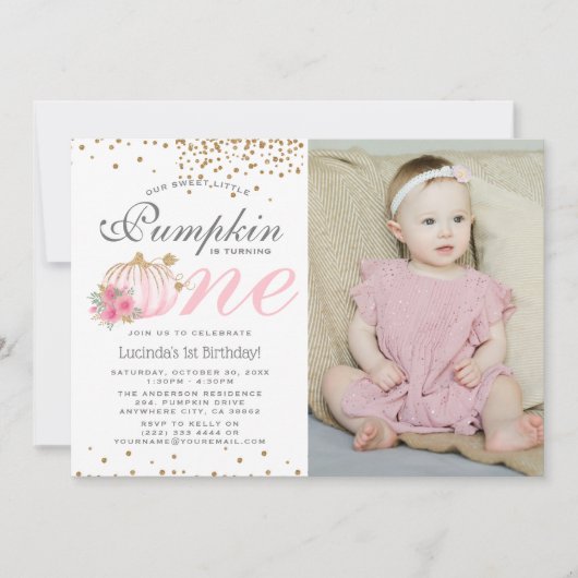 Cute Pink Floral 1ste verjaardag Foto Invita Kaart (Voorkant)