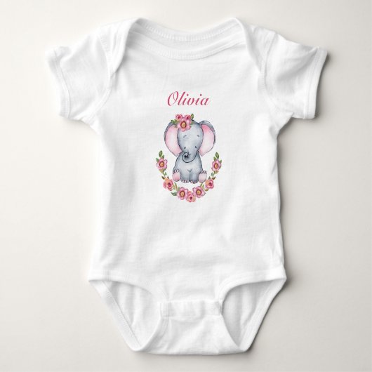 Cute Pink Floral Baby Elephant Girls Romper (Voorkant)