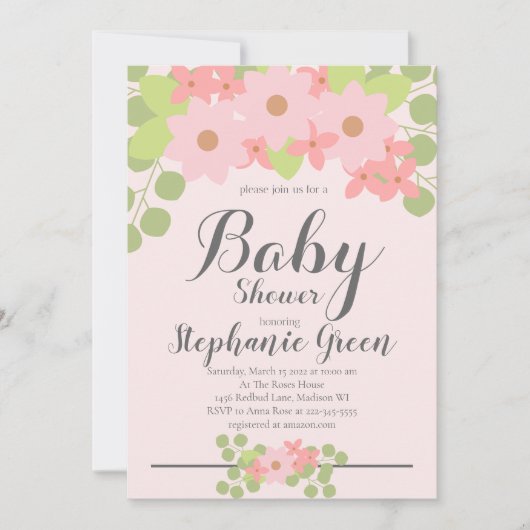 Cute Pink Floral Baby shower Invitation Kaart (Voorkant)