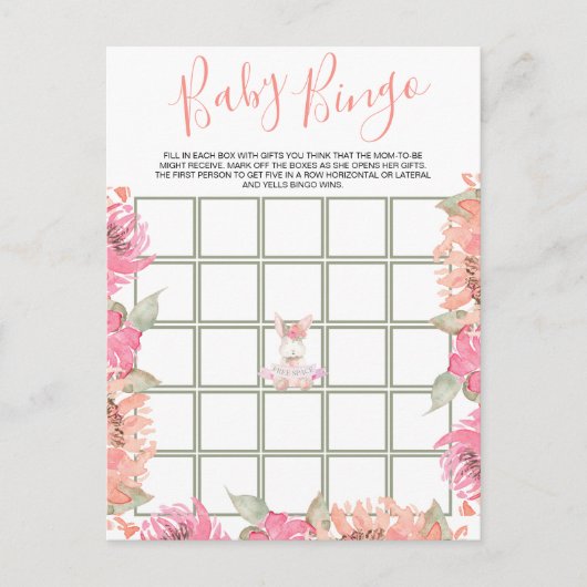 Cute Pink Floral Bunny Bingo Baby shower Game Kaar Uitnodiging Briefkaart (Voorkant)