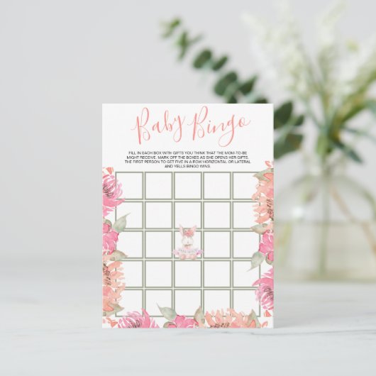 Cute Pink Floral Bunny Bingo Baby shower Game Kaar Uitnodiging Briefkaart (Staand voorkant)