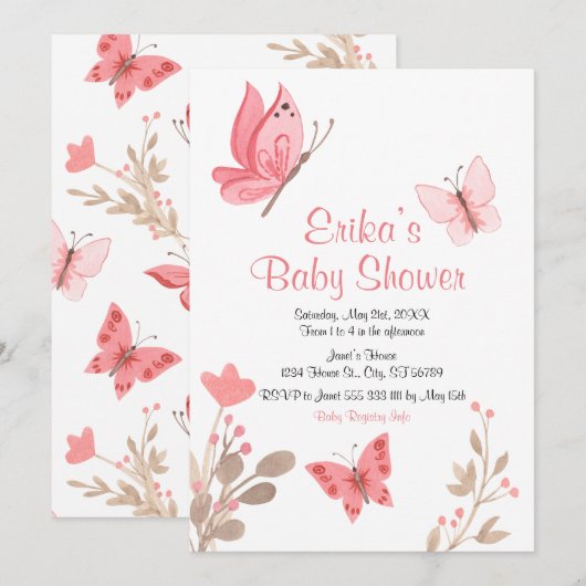 Cute Pink Floral Butterflies Baby shower Kaart (Voorkant / Achterkant)