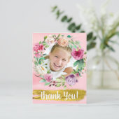 Cute Pink Floral Child's Birthday Foto Dank je Briefkaart (Staand voorkant)