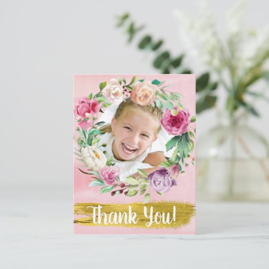 Cute Pink Floral Child's Birthday Foto Dank je Briefkaart (Staand voorkant)