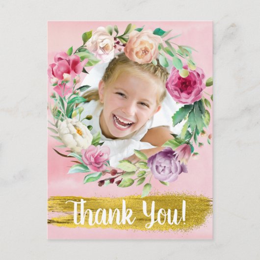 Cute Pink Floral Child's Birthday Foto Dank je Briefkaart (Voorkant)