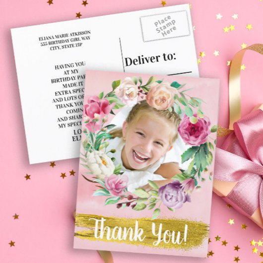Cute Pink Floral Child's Birthday Foto Dank je Briefkaart