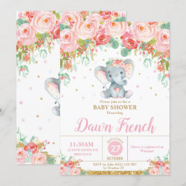 Cute Pink Floral Elephant Baby shower Baby Girl Kaart