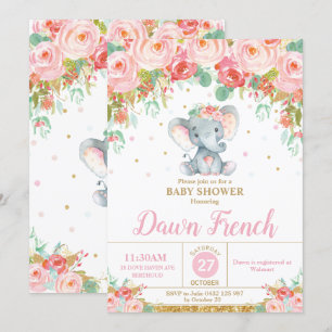 Cute Pink Floral Elephant Baby shower Baby Girl Kaart
