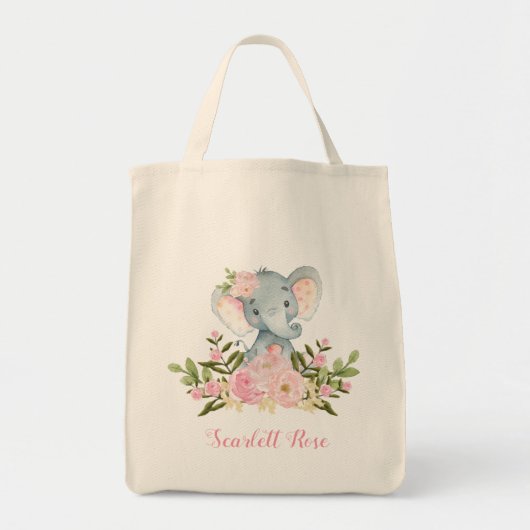 Cute Pink Floral Elephant Canvas tas Personalized (Voorkant)
