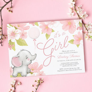 Cute Pink Floral Elephant Girl Baby shower Kaart