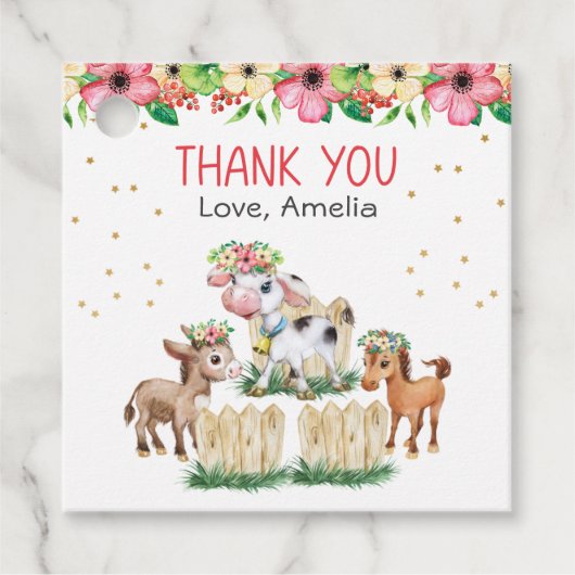 Cute Pink Floral Farm Animals Hartelijk dank Bedankjes Labels (Voorkant)