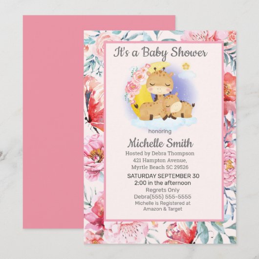 Cute Pink Floral Giraffe Mam Baby shower Kaart (Voorkant / Achterkant)