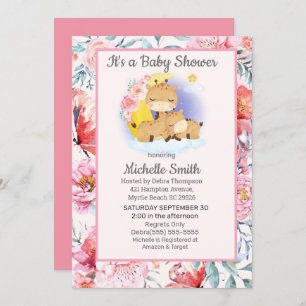 Cute Pink Floral Giraffe Mam Baby shower Kaart