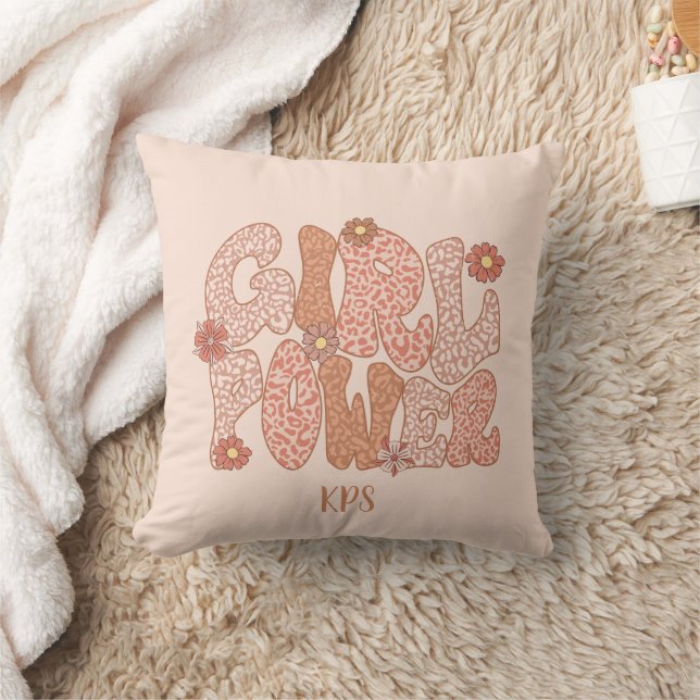 Cute Pink Floral Girl Power Monogram Initiaal Kussen (Deken)