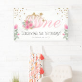 Cute Pink Floral & Gold 1e verjaardag Spandoek (Insitu)