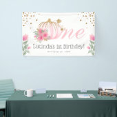 Cute Pink Floral & Gold 1e verjaardag Spandoek (Beurs)