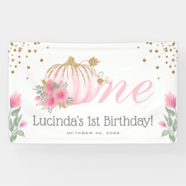 Cute Pink Floral & Gold 1e verjaardag Spandoek