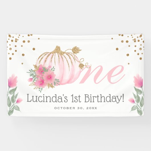 Cute Pink Floral & Gold 1e verjaardag Spandoek (Horizontaal)